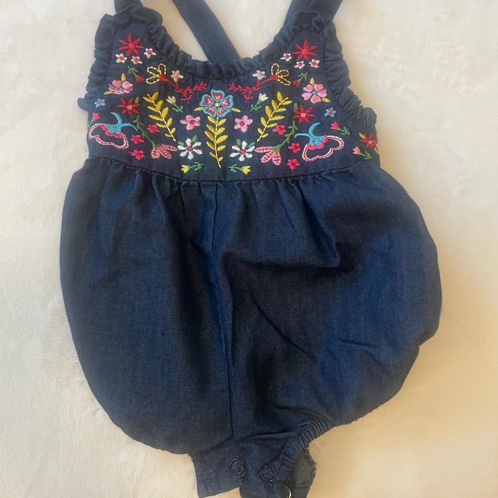 Dark Denim with Floral Embroidery Sunsuit - 3-6M
